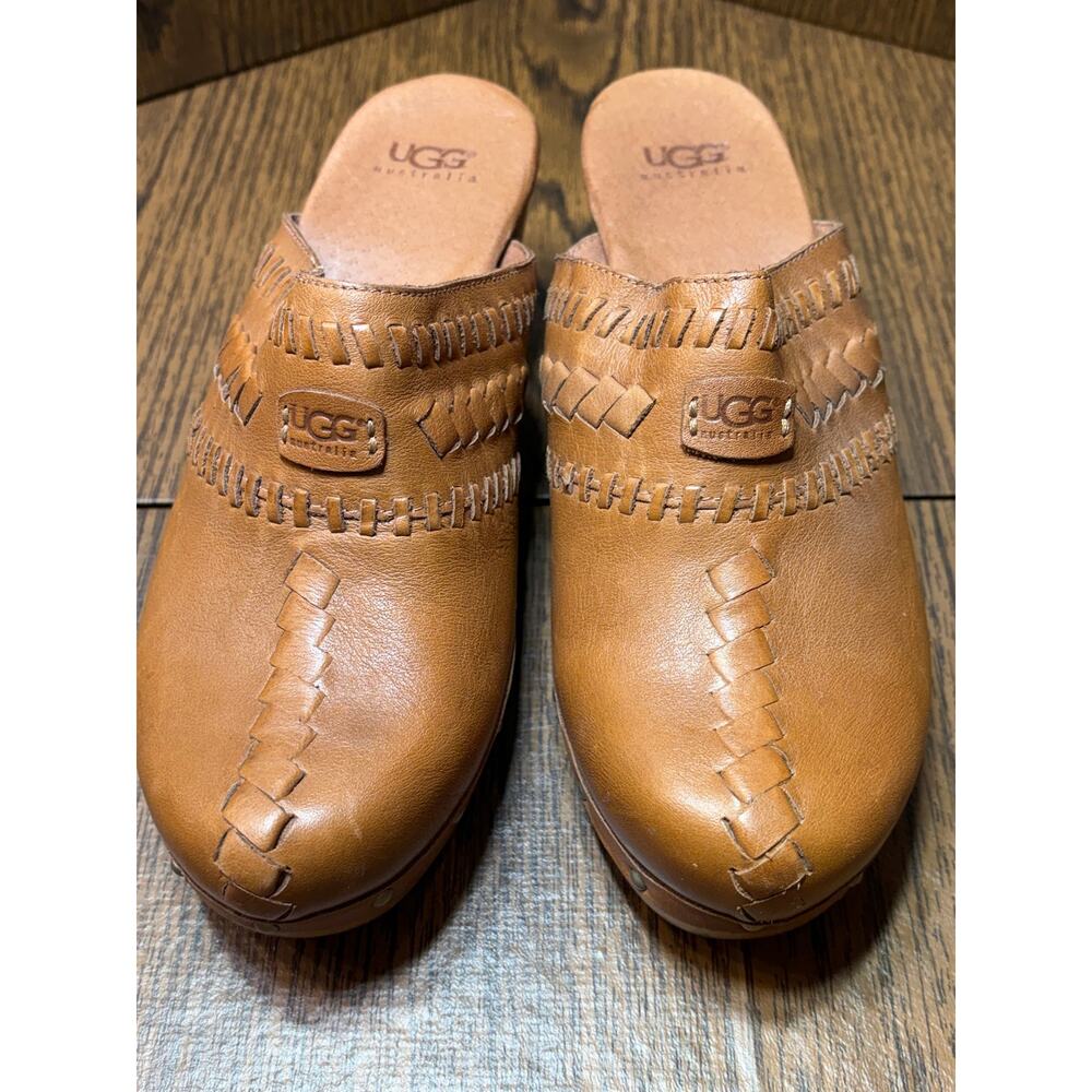 UGG Brown Leather Vivica Clog/Mule Braided Detail Wood Platform Size 7 - Picture 2 of 16